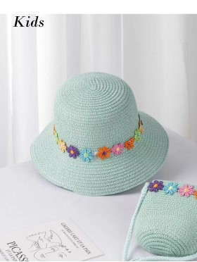 Kid's Woven Sun Hat W/ Flowers